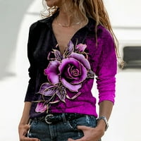 TKLpehg Fall vrhovi za žene Trendy V-izrez Casual Loove Fit bluza Žene dugih rukava Floral Print Duks Fall košulje Purple XL