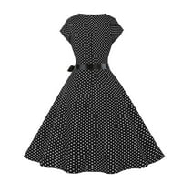 Ženska polka Dot Print Party haljina kratkih rukava Crew izrez Ruched haljina struka čipkaste ruffle flared kratka haljina crna m