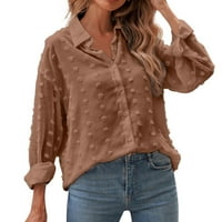 WOXINDA WOMENS Bluza s dugim rukavima Pogledajte kroz gumb dolje košulje Roll up ruffe casual ravnica