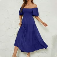 Ženska četvrtasta vrat dugačka haljina čvrste boje kratkih rukava Ljetne ljuske haljine plave veličine