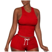 Ženska casual solid boja Yoga sportske kratke hlače postavi dvodijelni sportski set, crveni, xxl