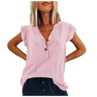 Yyeselk ljetne ženske pamučne majice labavi fit ruffle rukavi prema gore V-izrez Tunic vrhovi modne lagane čiste boje ugodne bluze ružičaste s