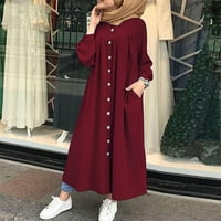 Yubatuo ženska ulica modna solidna boja retro džepa okrugla vrat dugih rukava Dugme casual maxi haljina