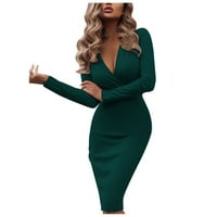 Haljine za žene Čvrsto boje dugih rukava dubokog V izrez nagnuta duga torba mini haljina zelena xxl