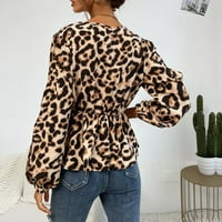 Aueoeo Leopard tisak za žene, ženske jesene vrhove, ženske ležerne modne dugih rukava V-izrez bluza