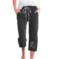 Crne joge hlače za žene modni ženski džepovi s visokim strukom tiskani pamučni i posteljini casual džepovi capris hlače