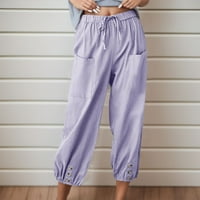 HWMODOU ženske hlače Čvrsto boje s visokim strukom, ljetna posteljina s džepom Comfy casual labavi labavi