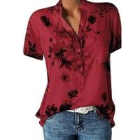 Ženski vrhovi opruge cvjetni bluze labavi fit comfy henley kratki rukav osnovni tunik crveni 3xl