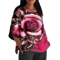 Feternal Women Ljeto pamučno posteljina majica tiskanje labavo fit bluza rukav vintage crewneck plus