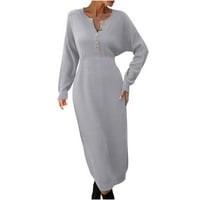 Wyongtao ženske duge rukave s dugim rukavima haljine obrusnog dugulja V-izrez dolje pletene džemper maxi haljina sive m