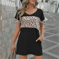 Ženske ljetne kratkih rukava haljina Leopard Print V izrez Mini haljina Ležerne prilike modne boje blok tunika bluza