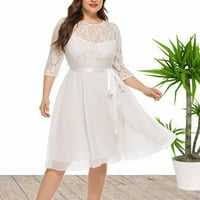 Ženska moda plus veličine Čvrsta boja Okrugli vrat čipka Šifon patchwork haljina pastelna haljina, bijeli