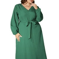 Ženska casual obična linija V izrez tamnozelene haljine s dugim rukavima 1xl