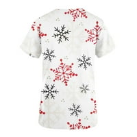 Odeerbi božićne košulje za žene modni ispis vrhovi sa džepom kratkih rukava V-izrez Radna uniforma bijela