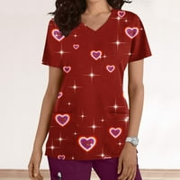 Qiaocaety ženski modni kratki rukav V-izrez V-izrez Radna uniforma Sretan tisak za Valentinovo sa džepnim bluzom vrhom lubene crvene s