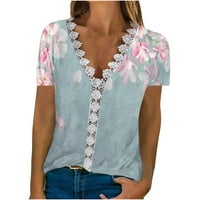 Plus size za žene kratki rukav ženska modna majica cvjetno tiskane čipke tri bluza s kratkim rukavima V-izrez casual vrhovi