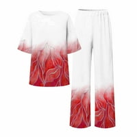 LMTIMTIME odjeće za žene postavljaju casual kratkih rukava okrugli vrat cvjetni print majica širokih hlača za noge setovi sa džepnim crvenim s