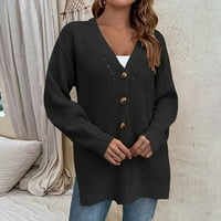 Žene Ležerni kaput - labavi tamna boja šuplji kardiganski gumb proret džemper crni xl