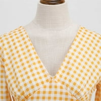 Vintage haljine za žene 1950-ih plus veličina Ljeto Vintage kratki rukav Naplaćeni gingham V izrez lutka puna boja tri sloja za maturu za maturu za matur fotografiju Fotografije žutih