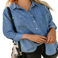 Sidefeel Womens gumb dolje traper majice V izrez labave casual roll up bluza dugih rukava s džepovima