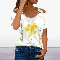 Ženski V-izrez čipke za patchwork vrhovi kratkih rukava T-majice tiskane majice Tuničke vrhove bluza