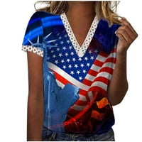 Majica sa majicom, modni ženski ljetni V-izrez čipke patchwork kratkih rukava casual top bluza tamno plava, xxxxxl