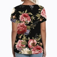 Ženska modna casual plus veličine V rection tiskani majica kratkih rukava TOP Black XL