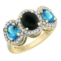 10k žuto zlato prirodni crni black i švicarski plavi topaz 3-kameni prsten ovalni dijamant naglasak,
