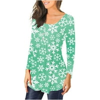 Ženske povremene božićne majice Crew Crt Paflake Print Sakrij trbuh Bluze Dugi rukavi za odmor Lounge Pulover