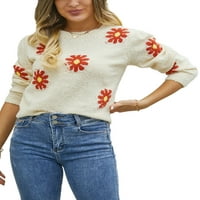 MA i beba ženska jesen zimski pleteni džemper casual crewneck cvjetni rukav cvjetni ispis lagan pulover