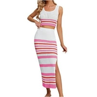 Safuny ženski setovi Dužina čaja Bodycon pletena haljina suknje za uklanjanje duge pruge ljetni kvadratni vrat sandress elegantne bočne splitske ušice retro bez rukava Boho Beach Holiday Pink XL