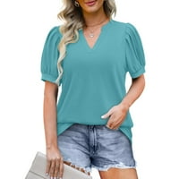 Ženski naborani puffni rukavi Ljetni V izrez Multicolor T majica Labavi bluze