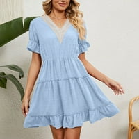 Finelylove čipke Top Maxi haljine Cami haljina za žene A-line kratki kratki rukav čvrsti svijetlo plavi
