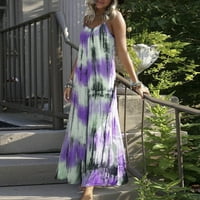 Ženske ljetne casure bez rukava V izrez Loop Fit Swing Beach Long Haljina Odmor Tie Dye Ispisano Sling Maxi haljina