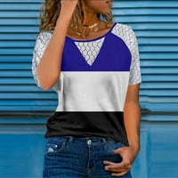 Gotyoou ženske vrhove Ženska modna ležerna temperamentarna posada Labavi patchwork Color tiskani čipka majica kratkih rukava Top Blue XXL
