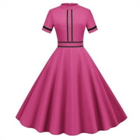Ženske haljine okrugli izrez Čvrsti A-line midi haljina, ležerna ljetna haljina kratkih rukava vruće ružičaste s