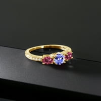 Gem Stone King 1. CT oval plavi tanzanite ružičasti turmalin AAA 18K žuti zlatni srebrni moissan prsten