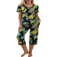 MubIneo Žene Ležerne prilike PAJAMAS Cvjetni kratki rukovi + elastične kaprione hlače Loungewear Meko