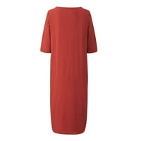 Ženska casual duga haljina pune boje pamučna posteljina srednji rukav O-izrez Loose Plus veličine Tunička