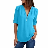 Amidoa Ženske košulje sa patentnim zatvaračima Zipper SOLISE COLOR FOLS kratki rukav V izrez Klasične majice tunika Poslovna baš za bluzu
