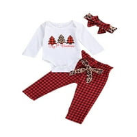 Mioliknya Baby Christmas s dugim rukavima Romper Plaid Leopard pantalone + konoba za glavu