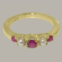 Britanci napravio 14k žuto zlatni prsten sa prirodnim rubinim i kultiviranim bisernim ženskim prstenom - Opcije veličine - Veličina 11
