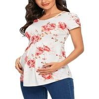 Sunost žensku majčinstvo majica cvijet Ispis kratkih rukava Crew vrat ruched trudnoće casual vrhovi
