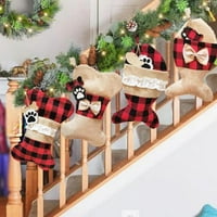 Božićne čarape za mačke Burlap Plaid Holiday Hanging Right Socks Kamin Tree Božićni ukras, Burlap PET