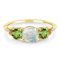 Gem Stone King 10k žuti zlatni ovalni kabochon bijeli simulirani opal i zeleni peridot prsten za žene