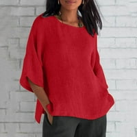 Žene plus veličine Ženske ljetne modne obrezive rukave okrugli vrat pamučni linij labavi bluza crvena