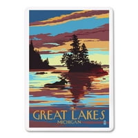 Velika jezera, Michigan, Moose Plivanje u zalasku sunca, Lantern Press, Premium igraće kartice, karta