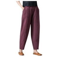 IOPQO široke pantalone za noge za žene Ženske prozračne pamučne posteljine džep elastične struine labave pantalone Pantharem hlače Žene posteljine za žene