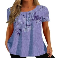 Sanviglor Dame majica Crew Neck Ljetni vrhovi Cvjetni print majica Casual Tunic Bluza Dnevna odjeća Tee Purple L