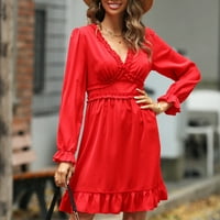 Ženska modna čvrsta boja ruffle V-izrez visoki struk elegantna haljina s dugim rukavima crvena xl